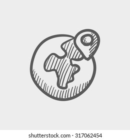 Globe with pointer sketch icon for web, mobile and infographics. Hand drawn vector dark grey icon isolated on light grey background.