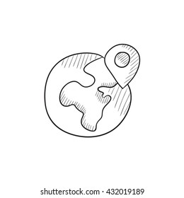 Globe with pointer vector sketch icon isolated on background. Hand drawn Globe with pointer icon. Globe with pointer sketch icon for infographic, website or app.
