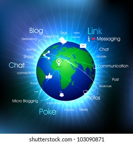 Globe with pointers, signals and social networking icons text, Social media network connection and communication with networking signals, icons on blue abstract background.