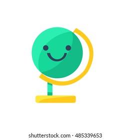 Globe Primitive Icon With Smiley Face. Office Or School Desk Supply Sticker In Simplified Childish Cartoon Vector Design Isolated On White Background