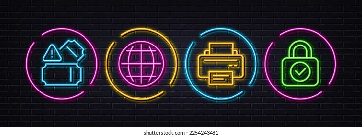 Globe, Printer and Tickets minimal line icons. Neon laser 3d lights. Security lock icons. For web, application, printing. Internet world, Printing device, Admission entrance. Cyber protection. Vector