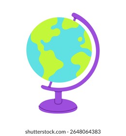 A globe with a purple base and a green and blue globe. The globe is on a white background