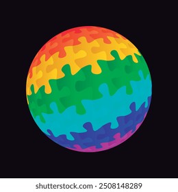 Rompecabezas de globo ensamblado a partir de piezas con los colores de la bandera del orgullo gay LGBT. Vector aislado sobre fondo negro