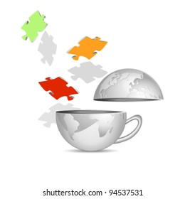 Globe and puzzle pieces - abstract teamwork icon against white background - business concept