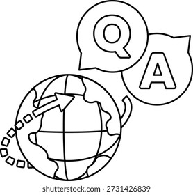 A globe with a question mark and an A above it. The globe represents the world and the question mark and A represent curiosity and the answer to a question