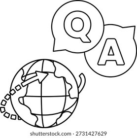 Um globo com um ponto de interrogação e um A acima dele. O globo é um símbolo do mundo e o ponto de interrogação e A representam curiosidade