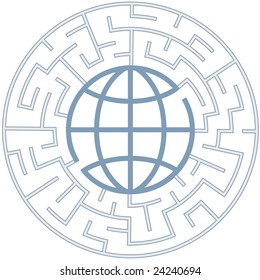 A globe in a radial maze as a Puzzling World symbol.