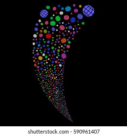 Globe random fireworks stream. Vector illustration style is flat bright multicolored iconic symbols on a black background. Object fountain done from scattered pictographs.