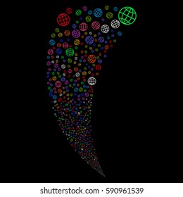 Globe random fireworks stream. Vector illustration style is flat bright multicolored iconic symbols on a black background. Object fountain created from scattered pictographs.