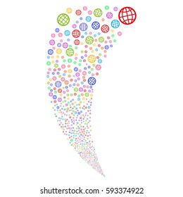 Globe random fireworks stream. Vector illustration style is flat bright multicolored iconic symbols on a white background. Object fountain combined from scattered icons.