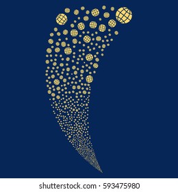 Globe random fireworks stream. Vector illustration style is flat yellow iconic symbols on a blue background. Object fountain done from scattered design elements.