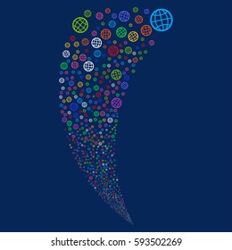 Globe random fireworks stream. Vector illustration style is flat bright multicolored iconic symbols on a blue background. Object fountain created from scattered pictographs.