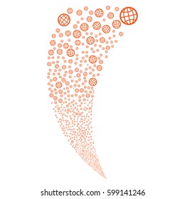 Globe random fireworks stream. Vector illustration style is flat orange iconic symbols on a white background. Object fountain made from scattered pictograms.