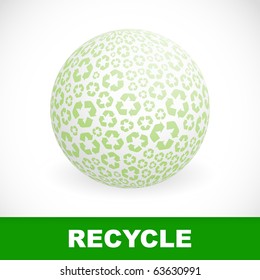 Globe with recycle symbols.