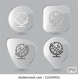 Globe and recycling symbol. Glass buttons. Vector illustration.
