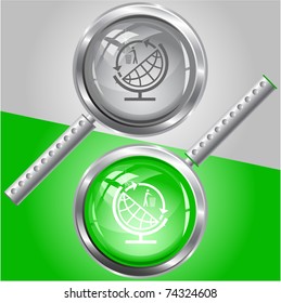 Globe and recycling symbol. Vector magnifying glass.