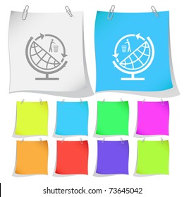 Globe and recycling symbol. Vector note papers.