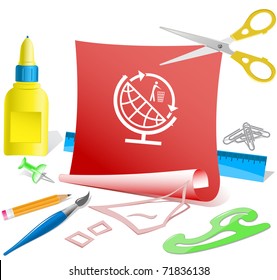 Globe and recycling symbol. Vector paper template.