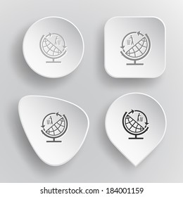Globe and recycling symbol. White flat vector buttons on gray background.