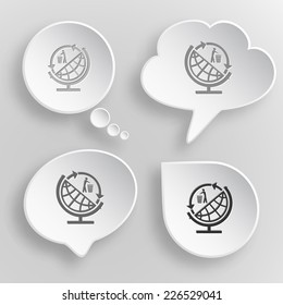 Globe and recycling symbol. White flat vector buttons on gray background.