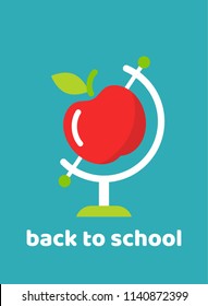 Globe with red apple on blue background. flat Earth planet model. Science symbol. School study, education and mental outlook metaphor. Geography, navigation. Back to school card