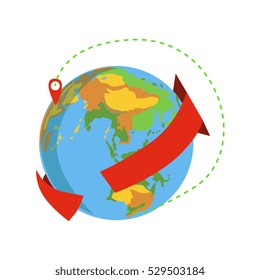 Globe With Red Arrow Rotating. Destination Delivery Service Company Symbol Of Worldwide Coverage