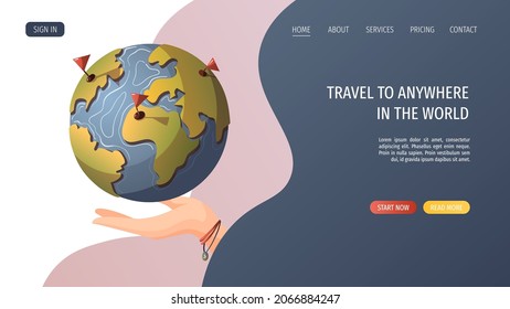Globe with red flag flying over hand. Discovery, World Tourism Day, travel concept. Vector illustration for banner, poster, website, commercial, advertisement.