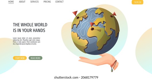 Globe with red flag flying over hand. Discovery, World Tourism Day, travel concept. Vector illustration for banner, poster, website, commercial, advertisement.