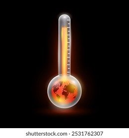 Globe red in thermometer on a black background. Greenhouse gases air pollution emissions with industrial, fumes forest fires, agriculture livestock, electronic devices. Vector.