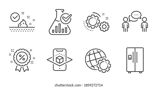 Globe, Refrigerator and Skin care line icons set. Discount, Consulting business and Chemistry lab signs. Augmented reality, Gears symbols. Internet settings, Fridge ice maker, Face cream. Vector