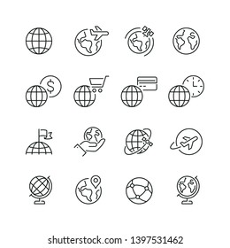Globe related icons: thin vector icon set, black and white kit