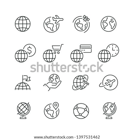 Globe related icons: thin vector icon set, black and white kit