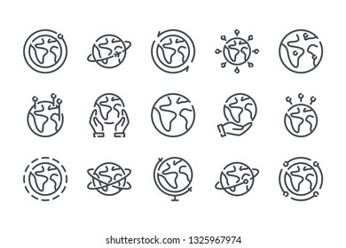 Globe related line icon set. World linear vector illustration collection. Earth outline icons.