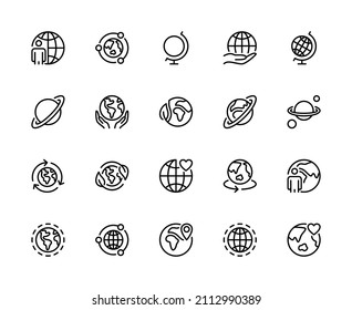 Globe related outline vector linear icons set. Premium pack of globe icons. Line vector icons for website design and development, app development, mobile concept and web apps.
