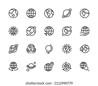 Globe related outline vector linear icons set. Premium pack. Line vector icons for website design and development, app development. Isolated collection of globe for mobile concept and web apps.