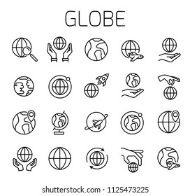 Globe related vector icon set. Well-crafted sign in thin line style with editable stroke. Vector symbols isolated on a white background. Simple pictograms.