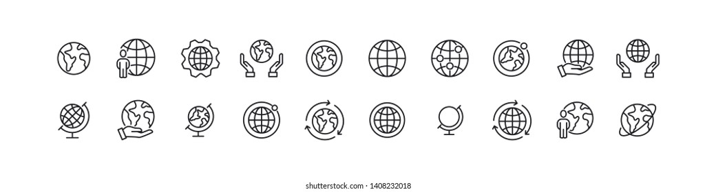 Globe related vector icons. Set of 20 vector thin line signs. Exclusive simple pictograms for web and mobile. Vector illustration isolated on a white background. Outline icons. 