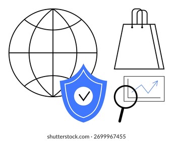 Globe representing global reach, shield for security, shopping bag for ecommerce, magnifying glass over graph suggesting data analysis. Ideal for online shopping, cybersecurity, global business, data