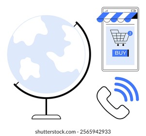 Globe representing global reach, smartphone with online shopping cart showcasing digital commerce, and phone with signal waves indicating communication. Ideal for e-commerce, globalization, mobile