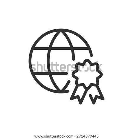 Globe with ribbon badge, linear icon. International certification and global approval. Line with editable stroke.