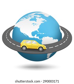 Globe with Road Around the World and Car Isolated on White Background