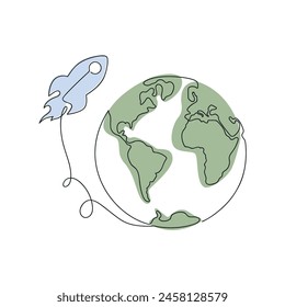 Globe and rocket drawn in one continuous line in color. One line drawing, minimalism. Vector illustration.