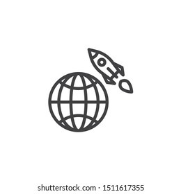 Globe and rocket line icon. linear style sign for mobile concept and web design. Startup rocket with earth planet outline vector icon. Symbol, logo illustration. Vector graphics