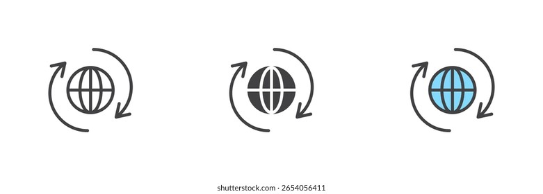 Globo com setas de rotação conjunto de ícones de estilo diferente. Ícone de vetor de contorno preenchido com linhas, sólido e colorido. Sincronização global, sinal de atualização, símbolo de atualização internacional. Design vetorial.