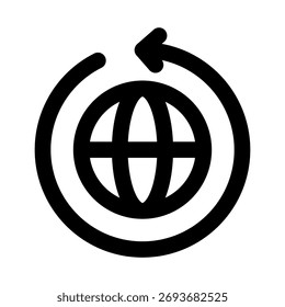 Globus mit Rotationspfeilen, flachem minimalem Umrisssymbol für globale Konnektivität, internationales Netzwerk und modernes digitales Kommunikationsdesign