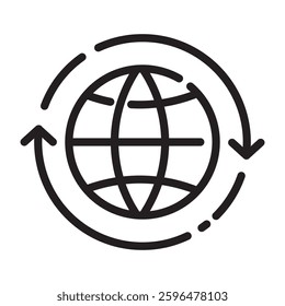 Globe with Rotation Arrows Icon, Global Connectivity and Earth Concept, Black and White Outline Illustration Isolated on White Background