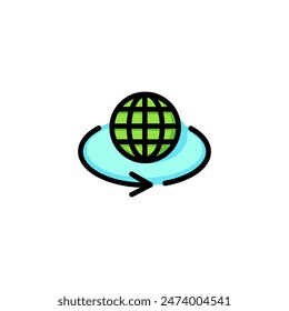Icono de línea de símbolo de globo y rotación. Flecha, ángulo, tierra. Concepto de realidad virtual. Puede ser utilizado para temas como vista panorámica, tecnología de la realidad virtual, red social