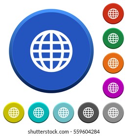Globe round color beveled buttons with smooth surfaces and flat white icons