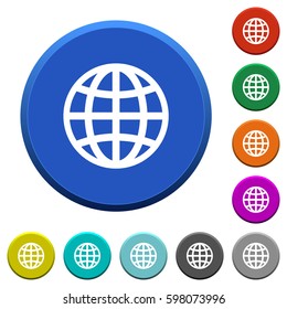 Globe round color beveled buttons with smooth surfaces and flat white icons