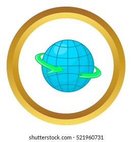 Globe and round the world arrow symbol vector icon in golden circle, cartoon style isolated on white background